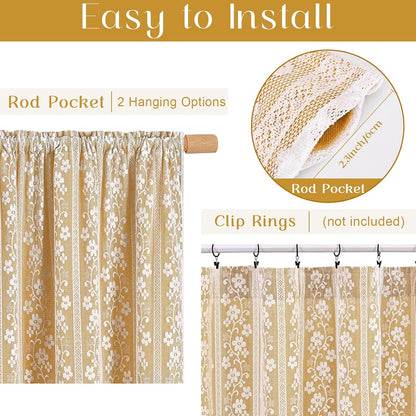 ASPMIZ Linen Valances for Windows Double Layer Valance Curtains with Lace Overlay, Mustard Yellow Kitchen Curtains Light Filtering, Rod Pocket Window Valances for Living Room, Kitchen, Cafe, 52x18