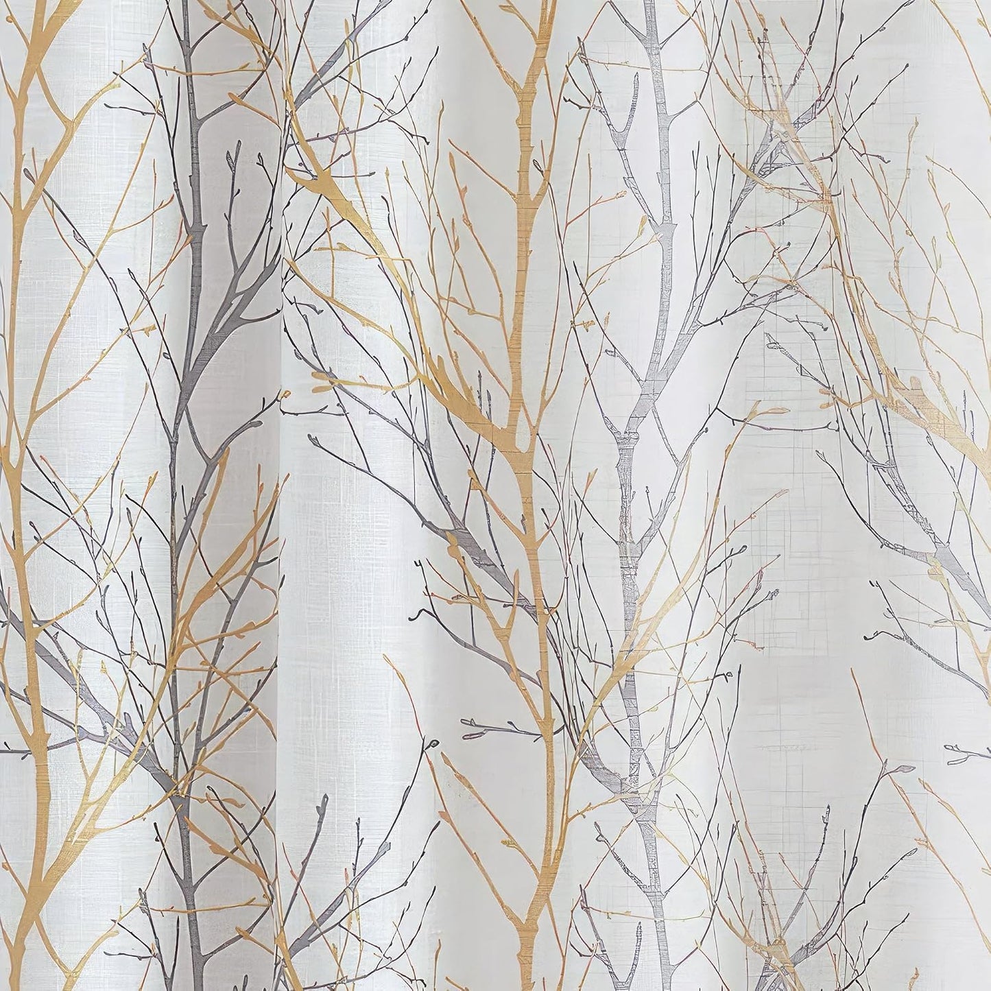 FMFUNCTEX Linen Semi Sheer Curtains for Bedroom, Yellow White Curtains 84 Inches Long for Living Room, Grey Tree Branch Print Curtain Light Filtering Farmhouse Window Drapes, Grommet Top 2 Panels
