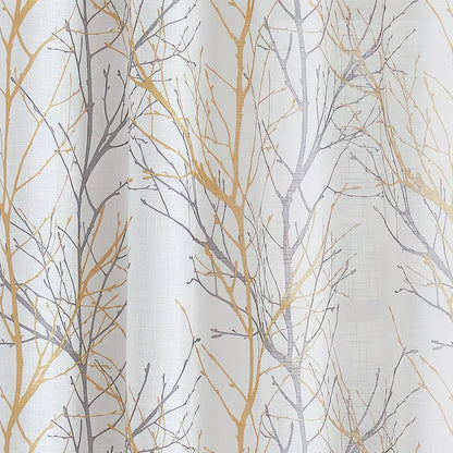 FMFUNCTEX Linen Semi Sheer Curtains for Bedroom, Yellow White Curtains 84 Inches Long for Living Room, Grey Tree Branch Print Curtain Light Filtering Farmhouse Window Drapes, Grommet Top 2 Panels
