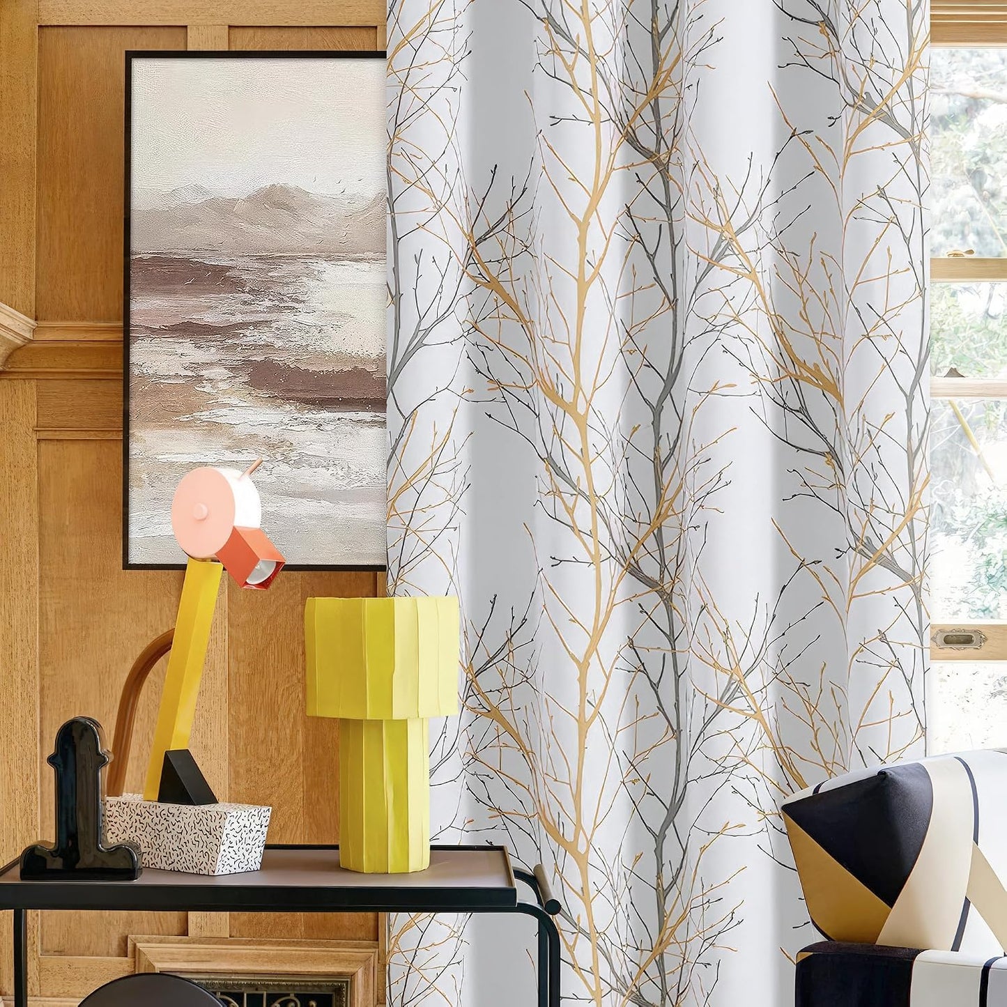FMFUNCTEX 100% Blackout Curtains Yellow White Tree Liner Curtains for Bedroom, Branch Partterned Curtains 63 inch Length for Living Room, Room Darkening Thermal Insulated Drapes, Grommet Top 2 Panels