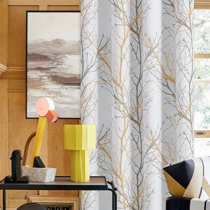 FMFUNCTEX 100% Blackout Curtains Yellow White Tree Liner Curtains for Bedroom, Branch Partterned Curtains 63 inch Length for Living Room, Room Darkening Thermal Insulated Drapes, Grommet Top 2 Panels
