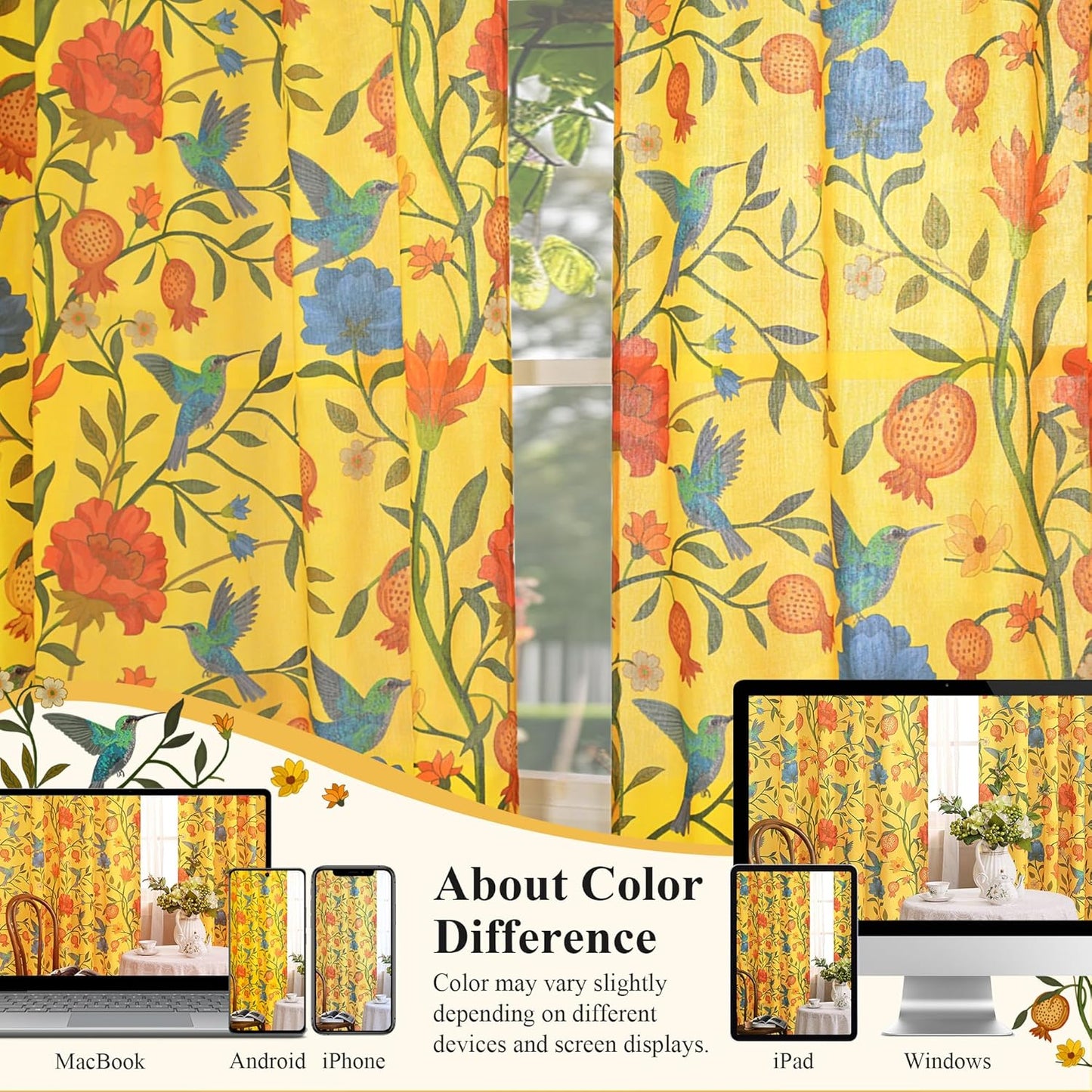 JOOJA Mustard Yellow Floral Linen Curtains, Boho Whimsical Bird Print Curtains for Bedroom Window Colorful Patterned Sheer Curtains for Living Room Kitchen 2 Panels 84 Inches Long