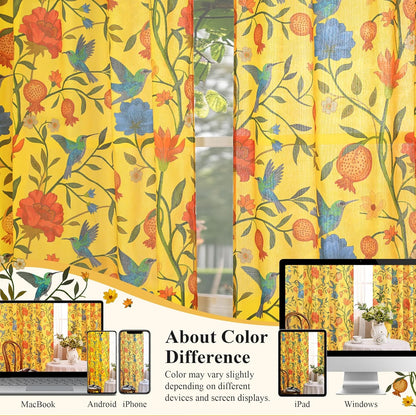 JOOJA Mustard Yellow Floral Linen Curtains, Boho Whimsical Bird Print Curtains for Bedroom Window Colorful Patterned Sheer Curtains for Living Room Kitchen 2 Panels 84 Inches Long