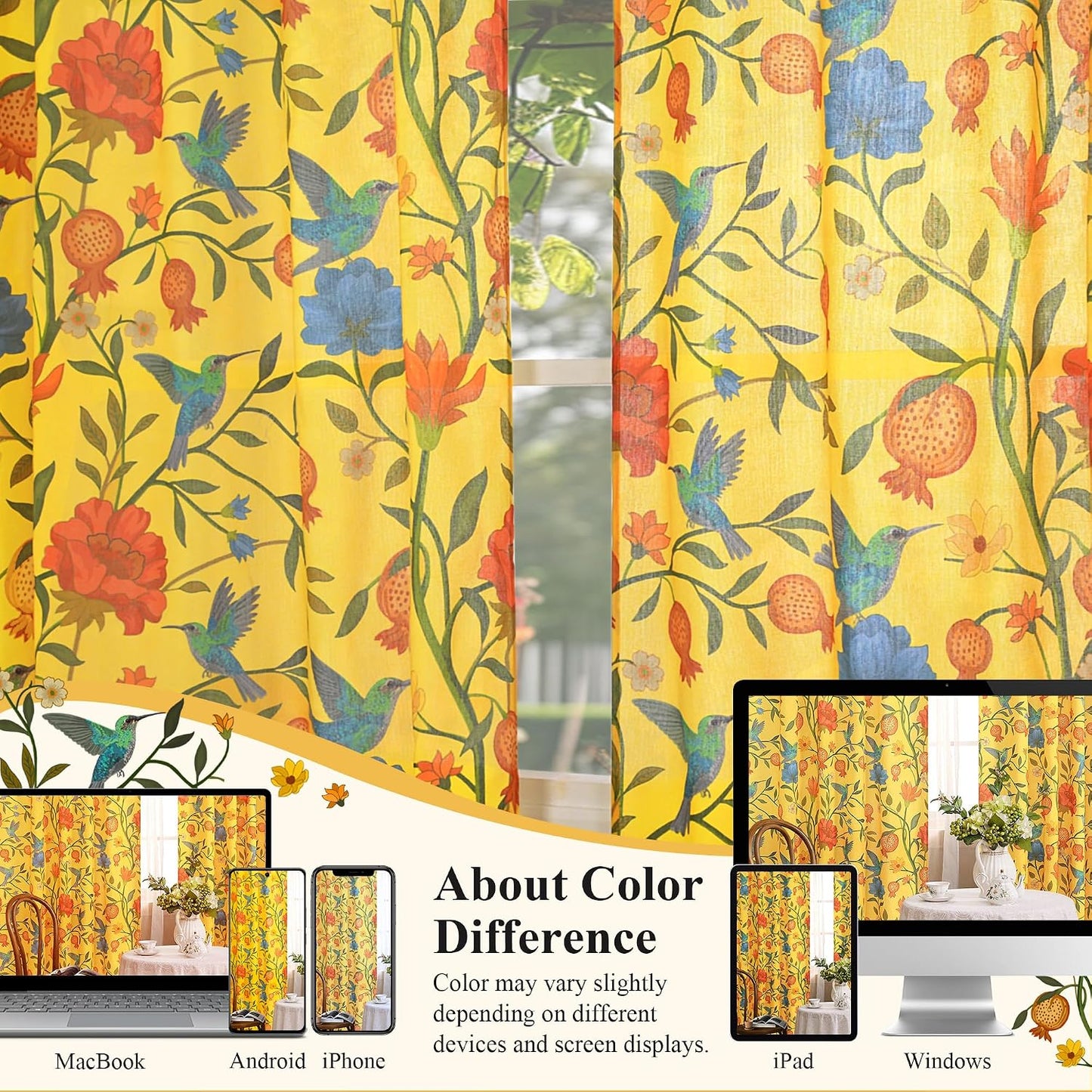 JOOJA Mustard Yellow Floral Linen Curtains, Boho Whimsical Bird Print Curtains for Bedroom Window Colorful Patterned Sheer Curtains for Living Room Kitchen 2 Panels 63 Inches Long