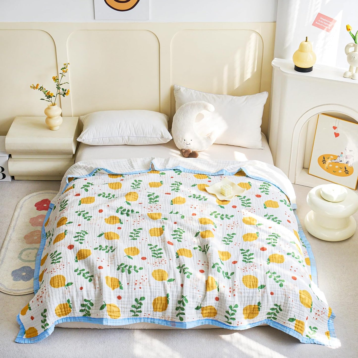 J-pinno Lemon Yellow Fruit Muslin Blanket 100% Cotton 6 Layer Quilt Bed Blanket Soft Warm Throw Sofa Couch Toddler Boys Girls Cartoon Travel Cover Blanket (Lemon, Crib 45" X 60")