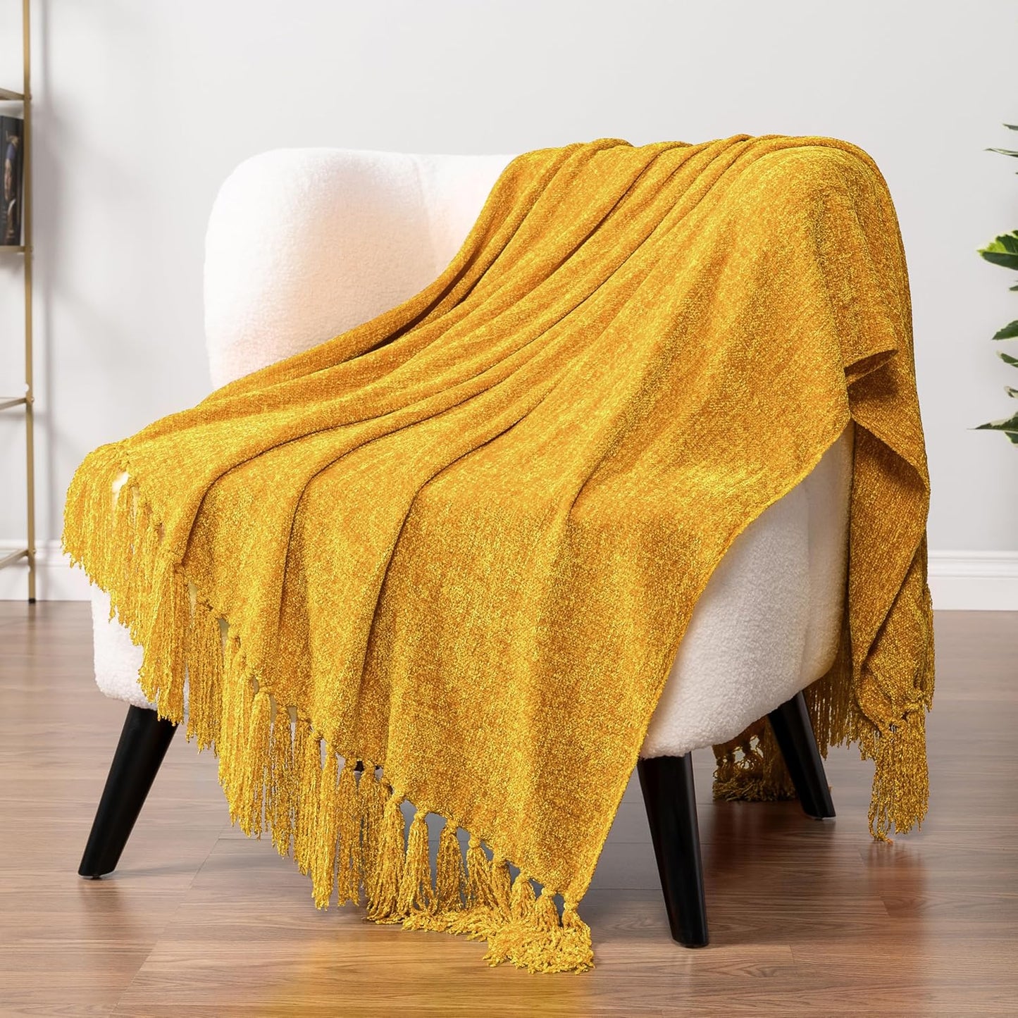 PAVILIA Mustard Yellow Blanket for Couch, Chenille Throw for Sofa Bed, Soft Knit Woven Gold Blanket with Decorative Tassel for Chair Living Room, Mustard Yellow 50x60