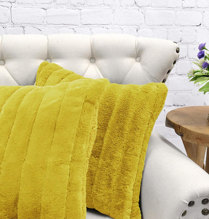 Striped Faux Fur Decorative Square Throw Pillow Covers with Sherpa Back 20 x 20 Inches Set of 4, Plush Soft Luxury Cushion Case Pillowcase for Couch Bed Bedroom Living Room, Mustard Yellow