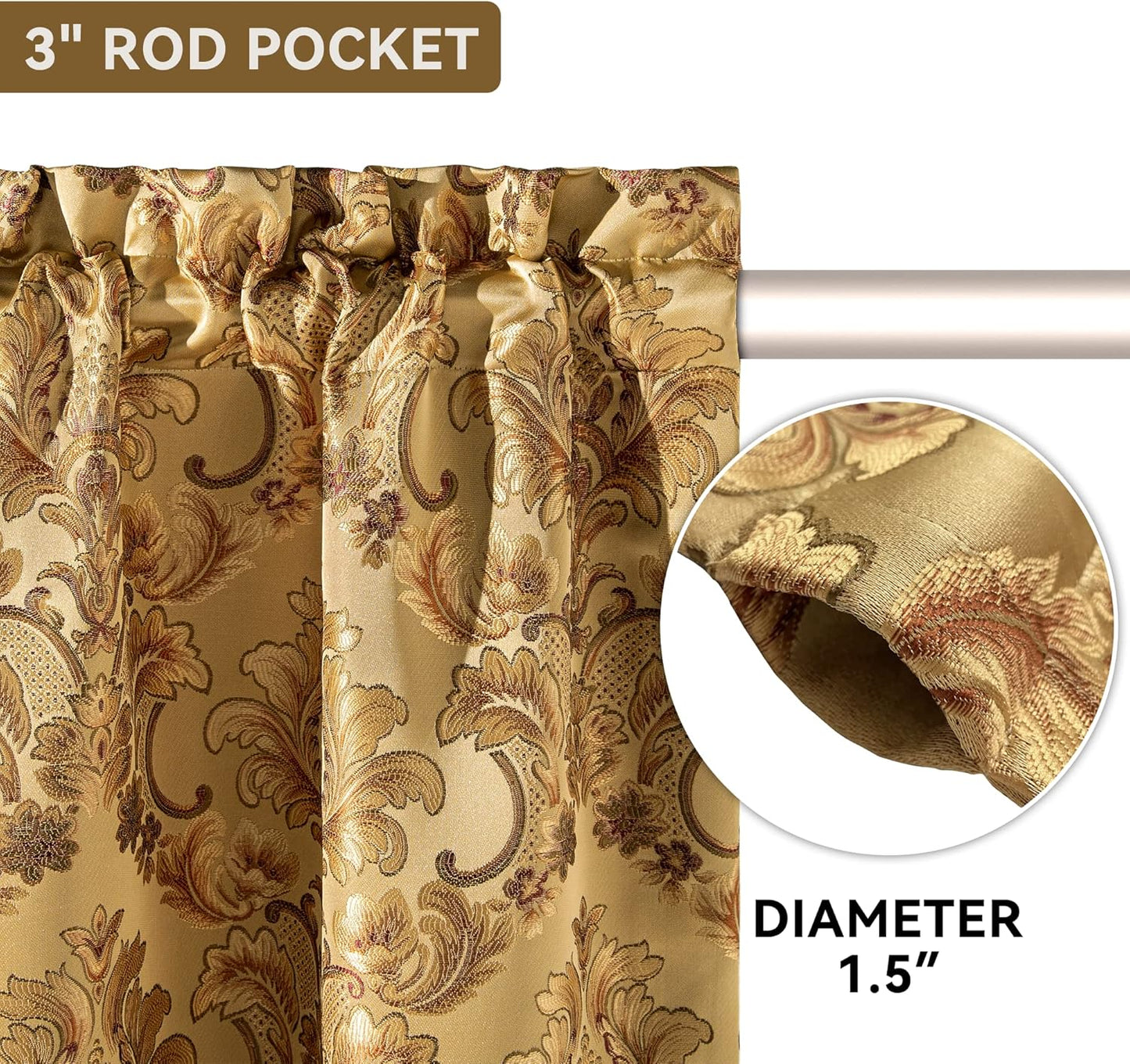 Loom and Mill Luxury Damask Curtains for Living Room, Golden Floral Thick Jacquard Window Treatment with Tiebacks for Bedroom Christmas Party Banquet Decorations (2 Panels, 52 x 108 Inch, Yellow)