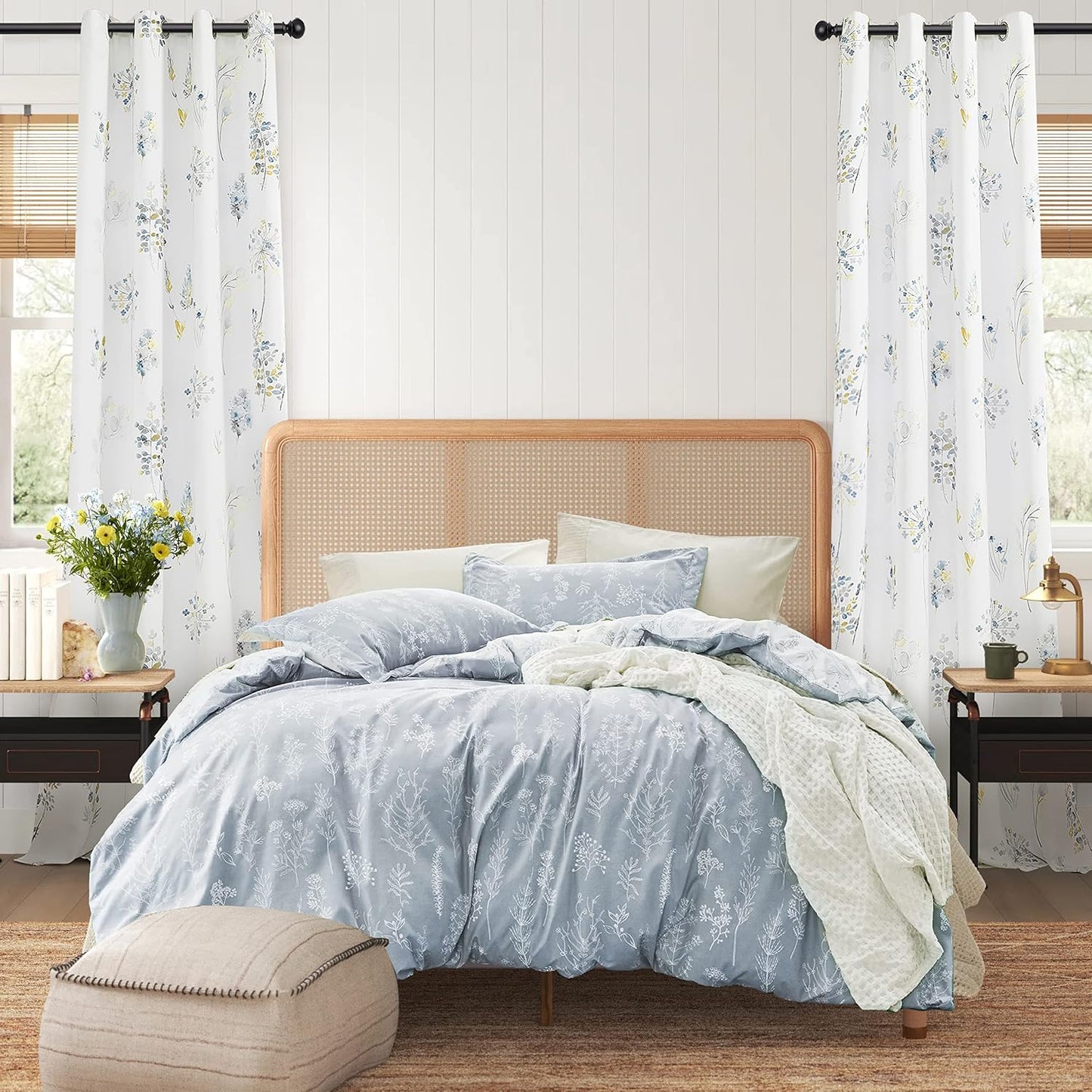 XTMYI Yellow and Blue Floral Spring Curtains for Living Room, Pretty Ditsy Flower Printed Drapes, Summer Decorative Patterned Semi Blackout Window Panels for Sunroom Sliding Glass Door, 52" W x 84" L