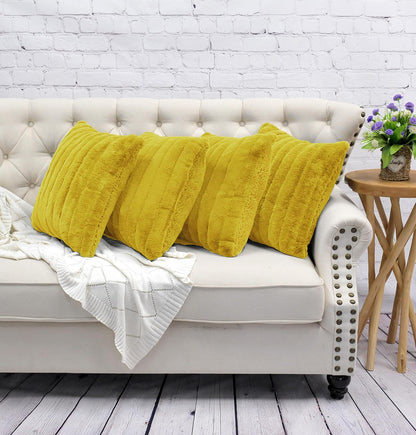 Striped Faux Fur Decorative Square Throw Pillow Covers with Sherpa Back 20 x 20 Inches Set of 4, Plush Soft Luxury Cushion Case Pillowcase for Couch Bed Bedroom Living Room, Mustard Yellow