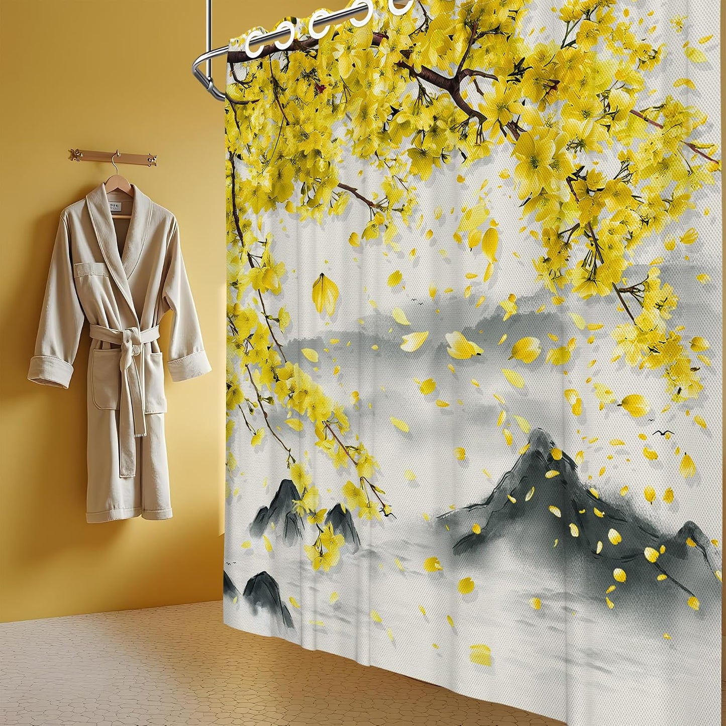 Yellow Floral Hookless Shower Curtain with Snap in Liner Set, Mustard Gray Anime No Hook Shower Curtains for Bathroom Double Layer Ringless Liner with Magnets Waterproof Fabric, 71 x 74 Inch