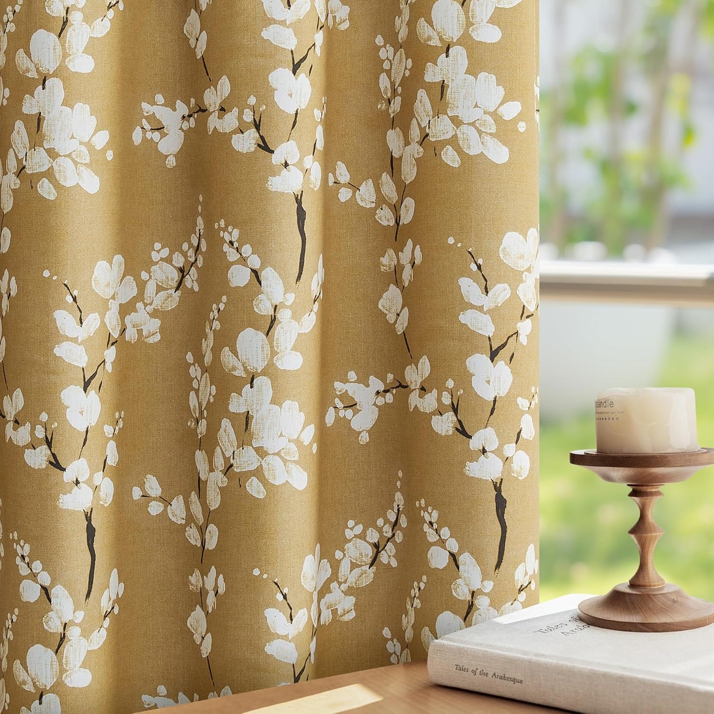 FMFUNCTEX 100% Blackout Floral Curtains for Bedroom, Mustard Yellow Curtain 84 inches Long Blossom Patterned for Living Room, Thermal Insulated Farmhouse Drapes, Grommet Top 2 Panels (White on Yellow)