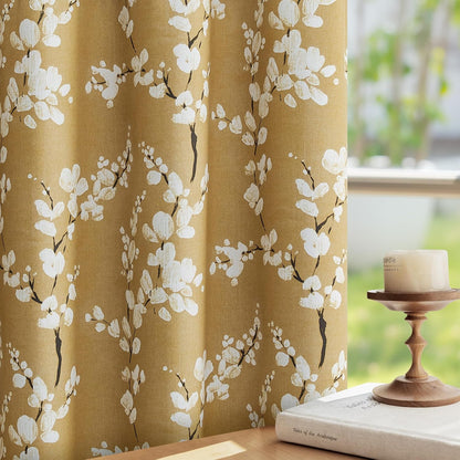 FMFUNCTEX 100% Blackout Floral Curtains for Bedroom, Mustard Yellow Curtain 84 inches Long Blossom Patterned for Living Room, Thermal Insulated Farmhouse Drapes, Grommet Top 2 Panels (White on Yellow)