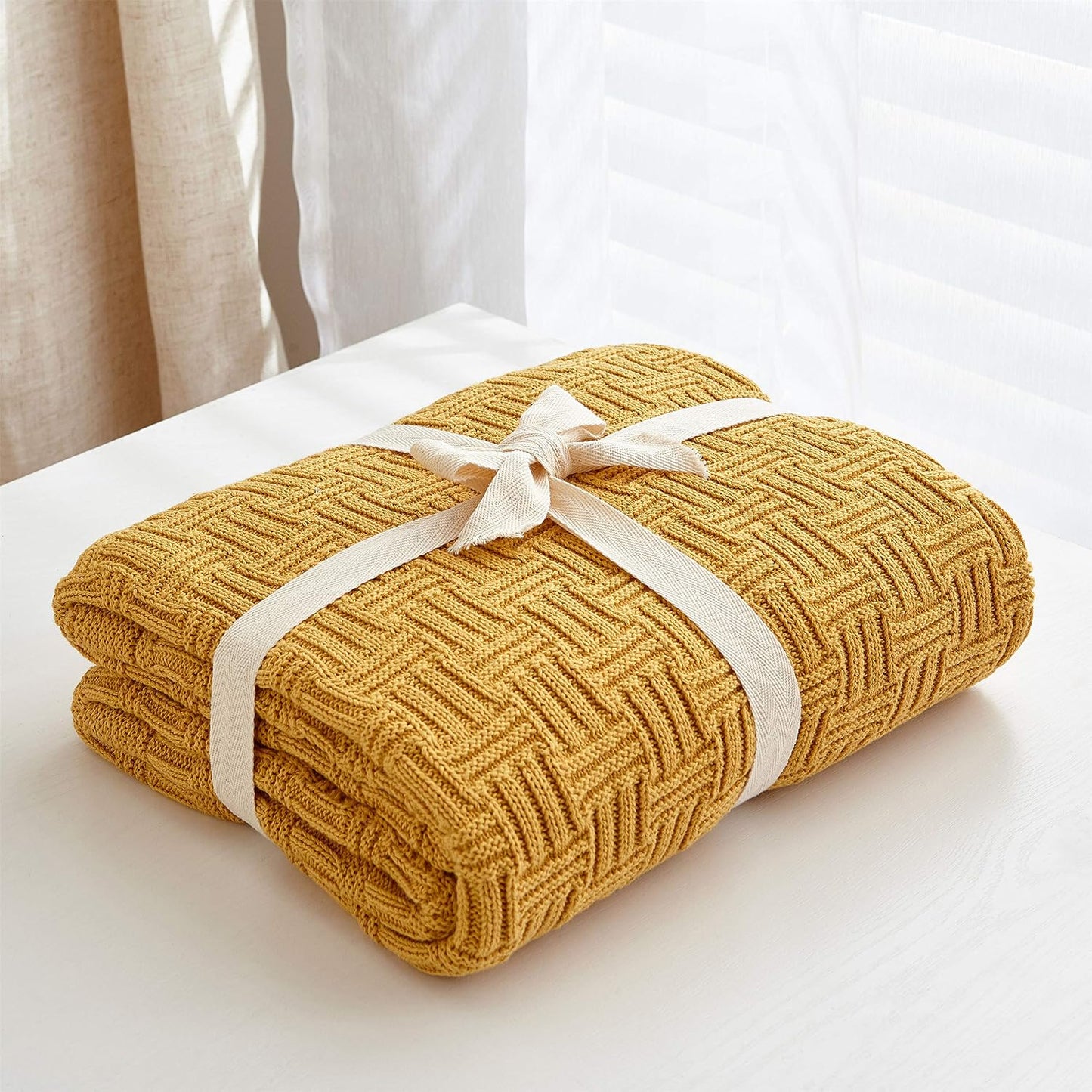 Cotton Mustard Yellow Knit Throw Blanket for Couch Sofa Beach Chair Bed Home Decorative Soft Warm Cozy Cable Lightweight Knitted Blankets,50 x 60 Inch, 2.2 Pounds
