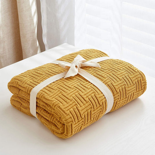 Cotton Mustard Yellow Knit Throw Blanket for Couch Sofa Beach Chair Bed Home Decorative Soft Warm Cozy Cable Lightweight Knitted Blankets,50 x 60 Inch, 2.2 Pounds