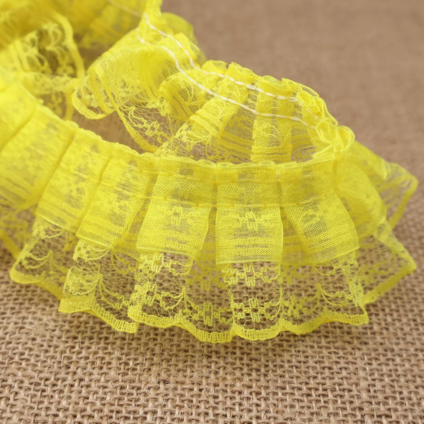 Yellow Lace Ruffle Trim for Crafts 1-5/8"x5yd 2-Layer Pleated Edge Lace Ribbon