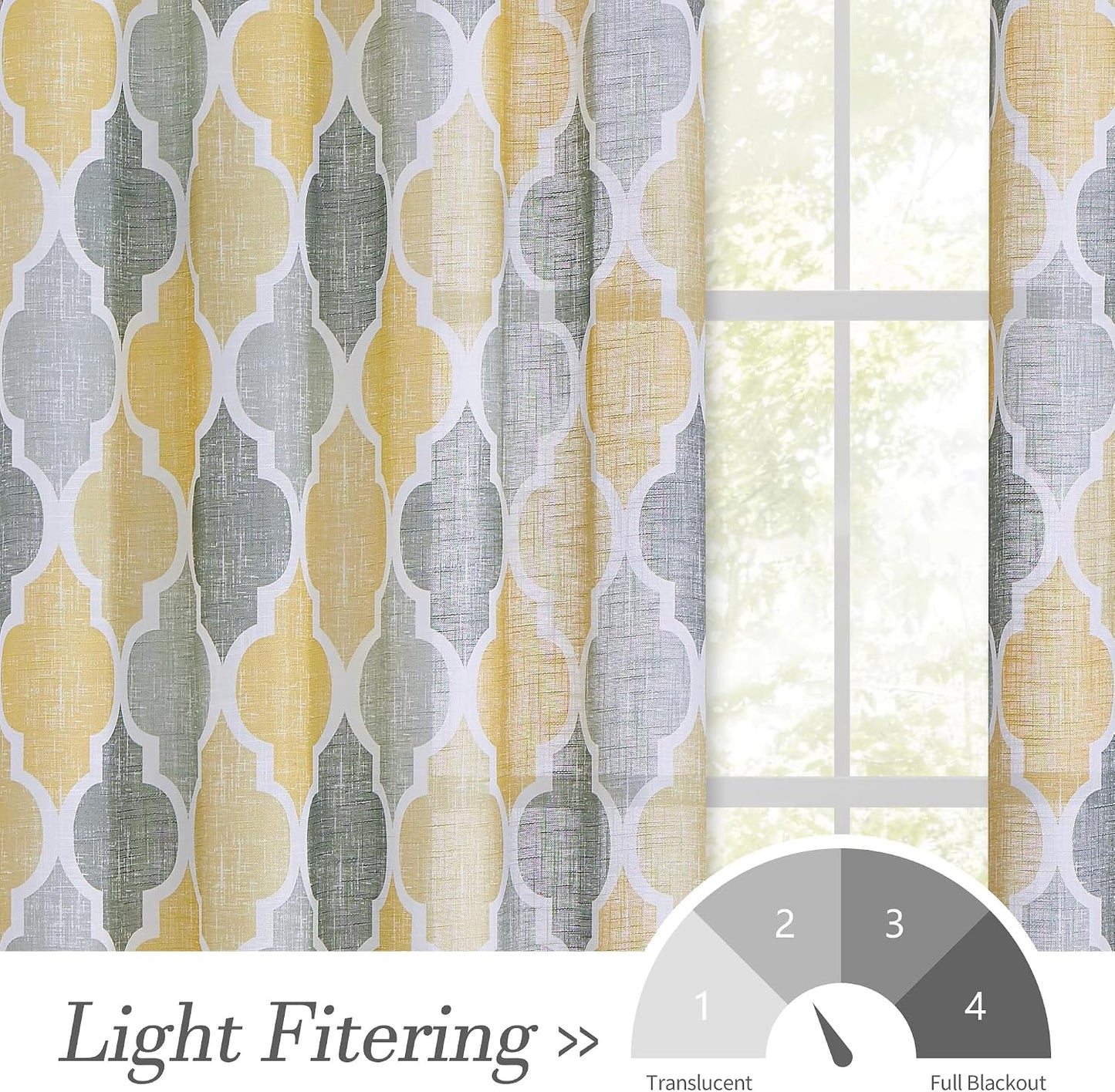 Beauoop Lattice Moroccan Tile Print Valances Geometric Quatrefoil Kitchen Curtains Valances Semi Sheer Rod Pocket Valance for Bathroom Window Treatment, 50 x 18 Inch, Yellow/Grey, 1 Panel