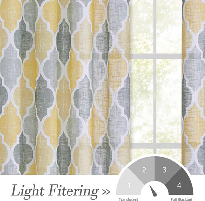 Beauoop Lattice Moroccan Tile Print Valances Geometric Quatrefoil Kitchen Curtains Valances Semi Sheer Rod Pocket Valance for Bathroom Window Treatment, 50 x 18 Inch, Yellow/Grey, 1 Panel