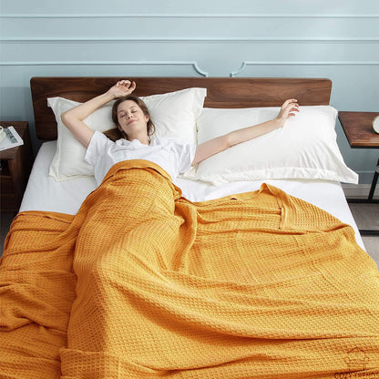 Luxurious Combed Cotton Waffle Weave Super Soft, Cozy Warm, Breathable, Light Weight, Stylish, All Season Thermal Blankets Twin/Full/Queen/King (Mustard Yellow, Full/Queen)