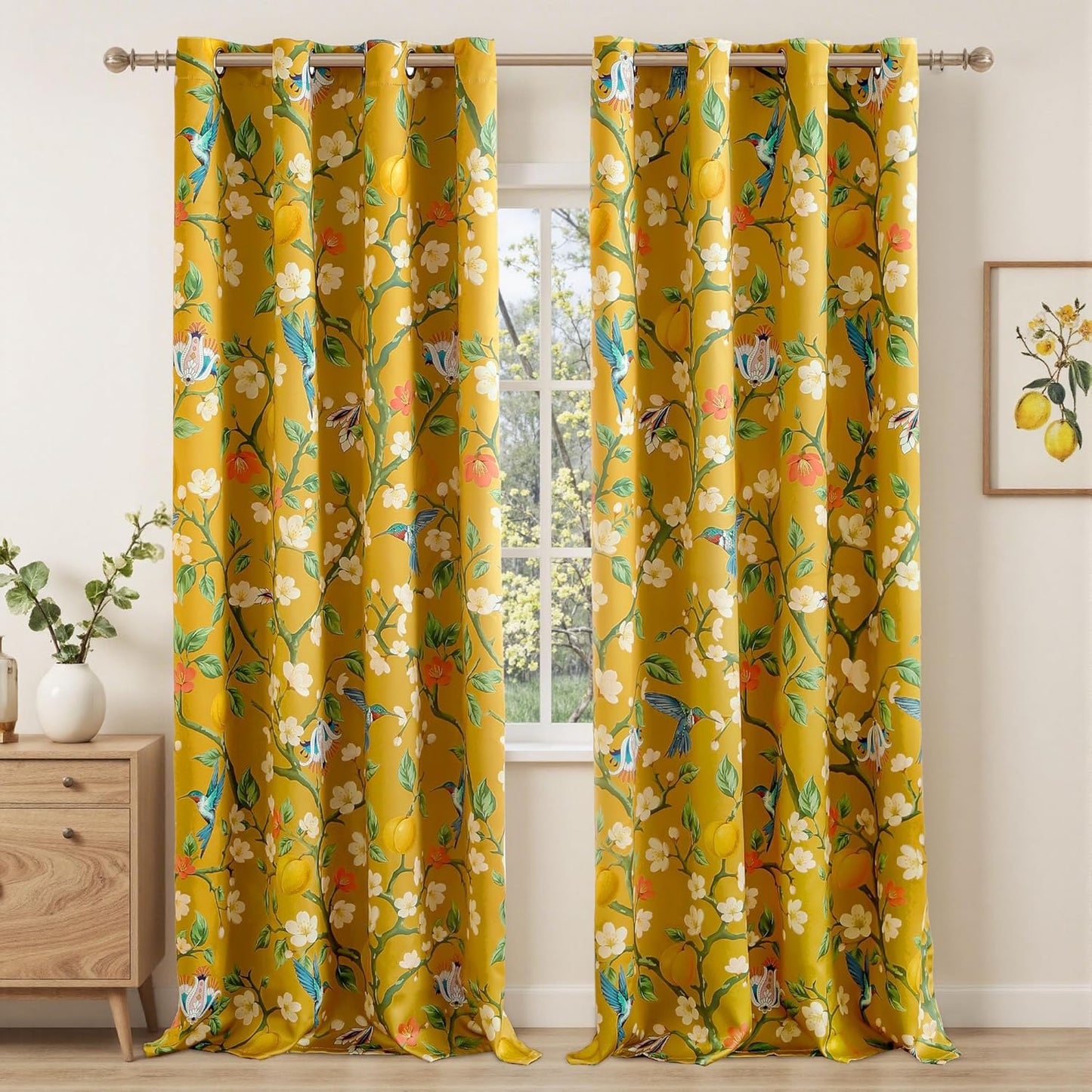 Floral Curtains 100% Blackout Vintage Hummingbird Black Out Curtain 84 Inches Long Thermal Insulated Window Drapes 2 Panels Grommet Room Darkening Curtains for Living Room Bedroom, Mustard Yellow