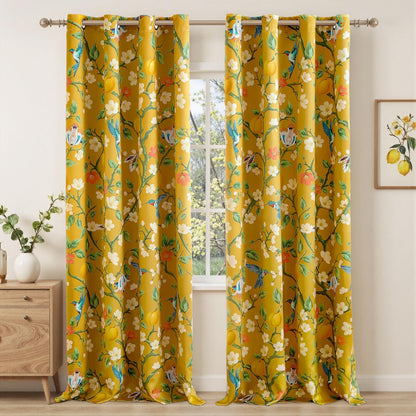 Floral Curtains 100% Blackout Vintage Hummingbird Black Out Curtain 84 Inches Long Thermal Insulated Window Drapes 2 Panels Grommet Room Darkening Curtains for Living Room Bedroom, Mustard Yellow