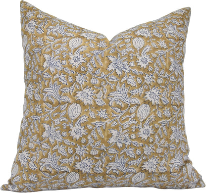 Pillow Covers Handmade Block Print Thick Linen 20X20 Throw Pillowcase Cushion Cover with Zipper for Sofa, Couch, Bed, Fall Decoration, Boho Home Decor, Manikarnika, Light Mustard