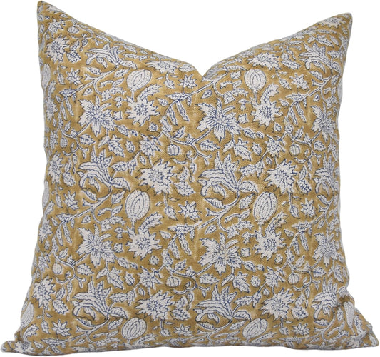 Pillow Covers Handmade Block Print Thick Linen 20X20 Throw Pillowcase Cushion Cover with Zipper for Sofa, Couch, Bed, Fall Decoration, Boho Home Decor, Manikarnika, Light Mustard