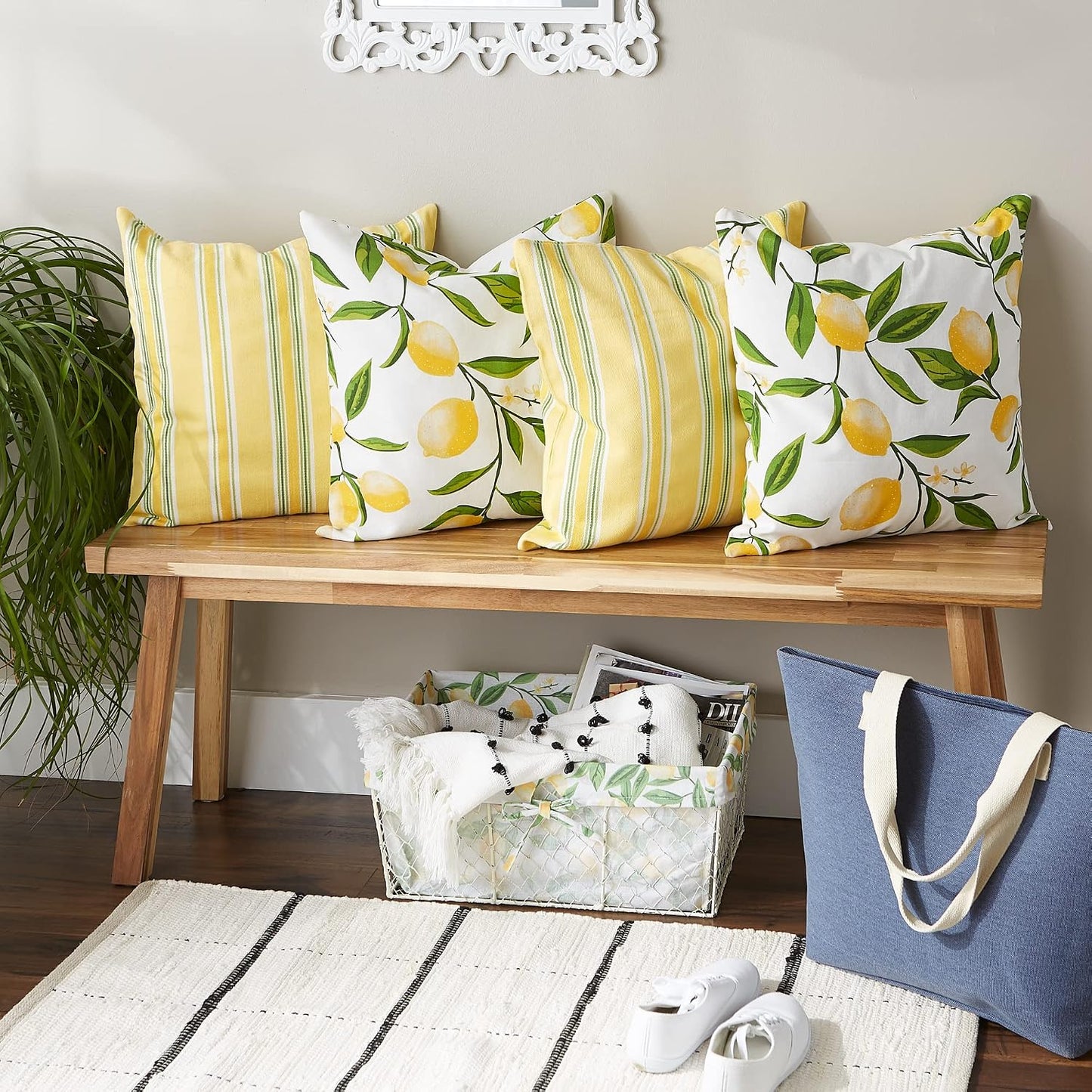 DII Decorative Square Throw Pillow Cushion Cover Set, Hidden Zipper, Cotton & Machine Washable, 18x18, Lemon Bliss, 4 Piece