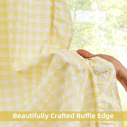 ZJDECOR Shabby Chic Yellow Ruffled Curtains 84 Inches Long,Rustic Buffalo Plaid Crinkled Not-See-Through Sheer Drapes,Farmhouse Window Treatment for Bedrooms Living Room,Rod Pockets,40"x84",Pack of 2