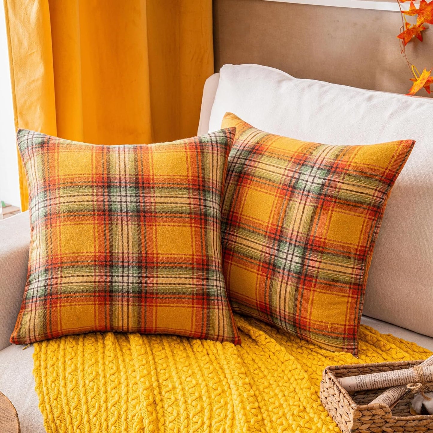 AQOTHES Fall Plaid Yellow Throw Pillow Covers 18x18 Inch Set of 2 | Autumn Decorative, for Couch Sofa Bed Living Room Home Decor, Farmhouse Accent Pillow Cases,Cushion Covers