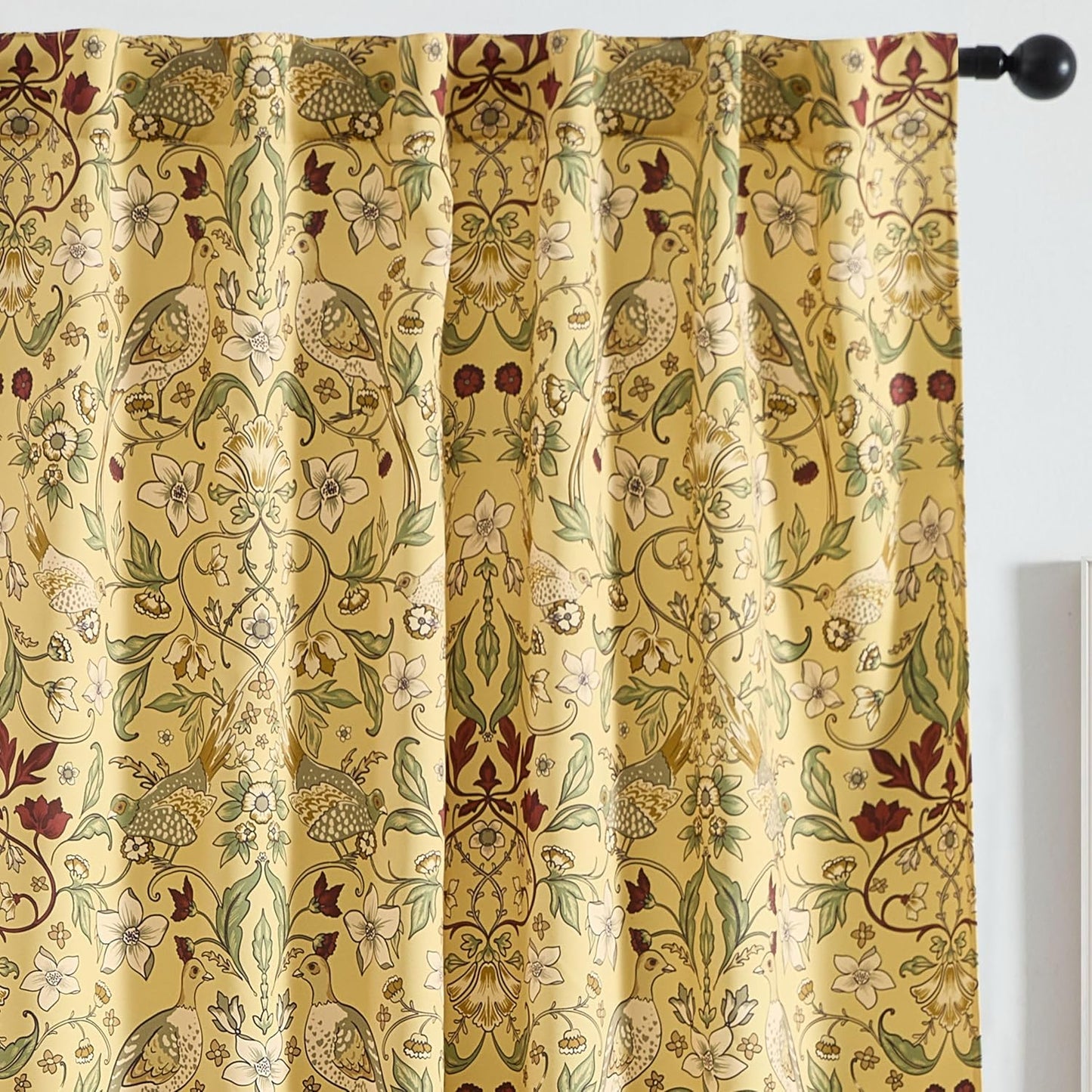 HLC.ME Florence Mustard Yellow Floral Curtains - Whimsical Hummingbird Chinoiserie Patterned Back Tab Rod Pocket Print Curtains Bedroom - Light Blocking Darkening Window Panels, Set of 2 (52 W x 84 L)