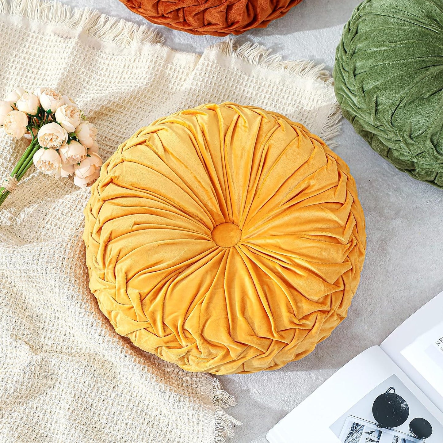Drydiet 1 Pcs Round Throw Velvet Pillows Decorative Pleated Throw Pillows Diameter Accent Pumpkin Boho Chair Cushion for Couch Sofa Home Decoration (Yellow,15'')