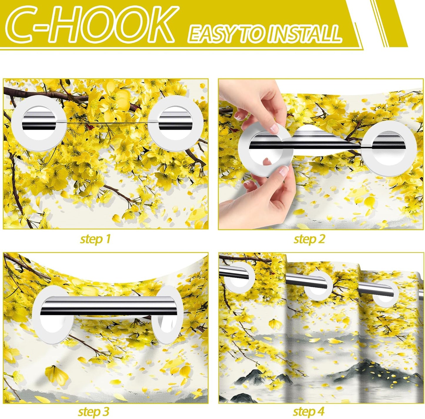 Yellow Floral Hookless Shower Curtain with Snap in Liner Set, Mustard Gray Anime No Hook Shower Curtains for Bathroom Double Layer Ringless Liner with Magnets Waterproof Fabric, 71 x 74 Inch