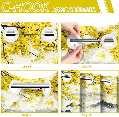 Yellow Floral Hookless Shower Curtain with Snap in Liner Set, Mustard Gray Anime No Hook Shower Curtains for Bathroom Double Layer Ringless Liner with Magnets Waterproof Fabric, 71 x 74 Inch