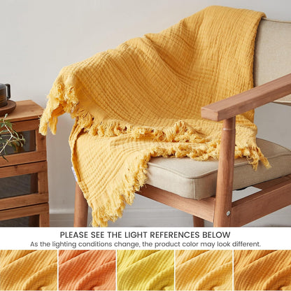 FALUCA Cotton Muslin Throw Blanket 50x60 Inches for Bed, Couch, Knit Woven Gauze Blanket, Soft Lightweight Cozy Breathable Farmhouse Decoration for All-Season, Mustard Yellow
