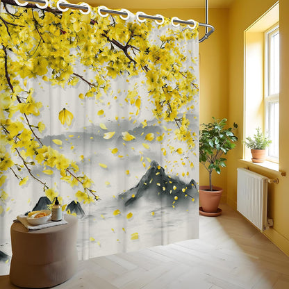 Yellow Floral Hookless Shower Curtain with Snap in Liner Set, Mustard Gray Anime No Hook Shower Curtains for Bathroom Double Layer Ringless Liner with Magnets Waterproof Fabric, 71 x 74 Inch