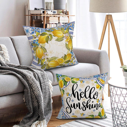 Lemon Pillow Covers 18x18, Home Sweet Home Throw Pillowcase, Yellow and Blue Mediterranean Summer Decor Italian Themed Tile Flower Pattern Square Cushion Covers for Sofa Bed Couch Set of 4
