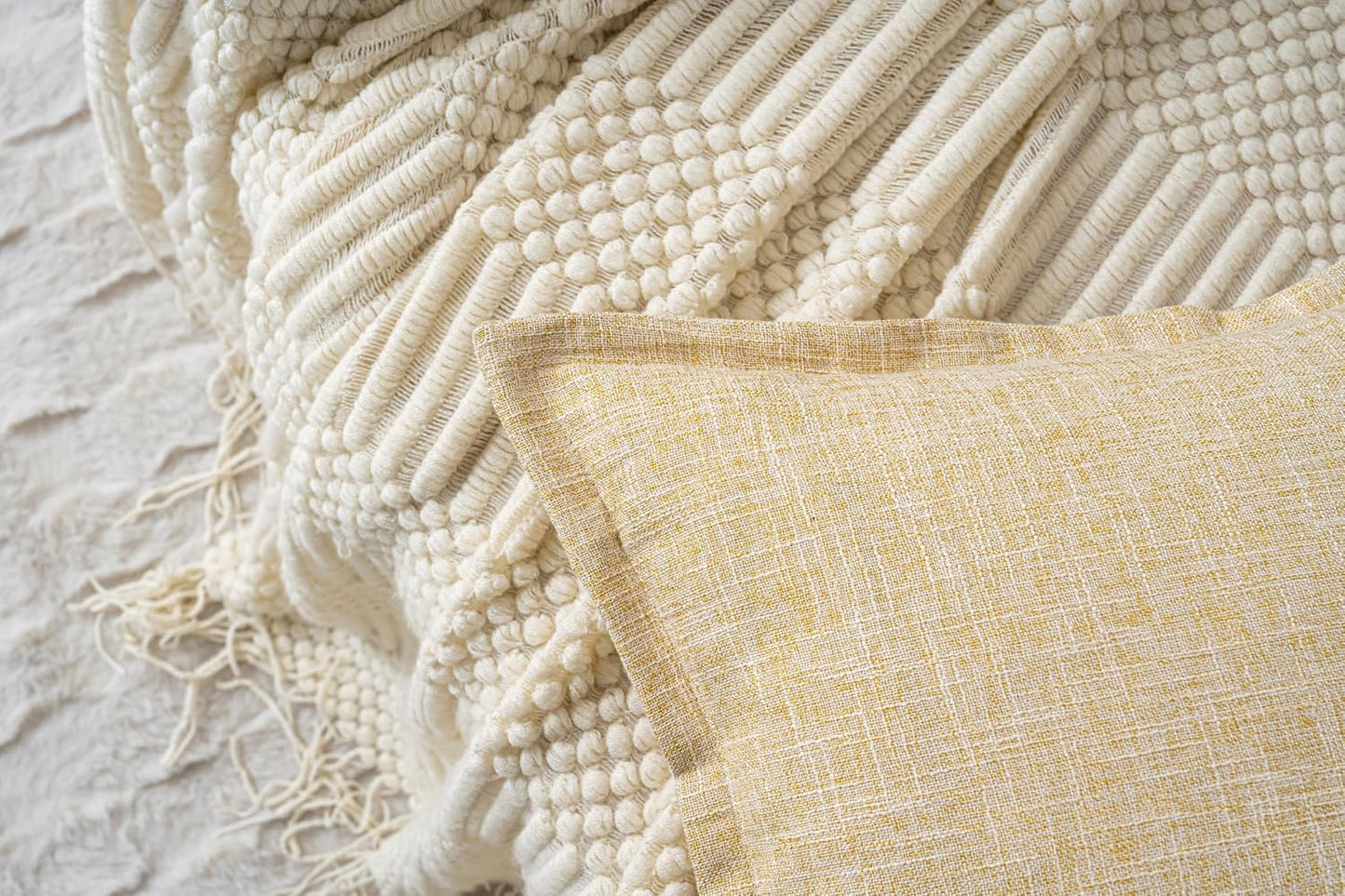 18"X18" Pack of 2, Decorative Linen Soild Throw Pillow Covers with Stylish Flange Edge Cozy Farmhouse Neutral Pillowcase for Couch Sofa Bedroom Living Room Home Décor Light Yellow