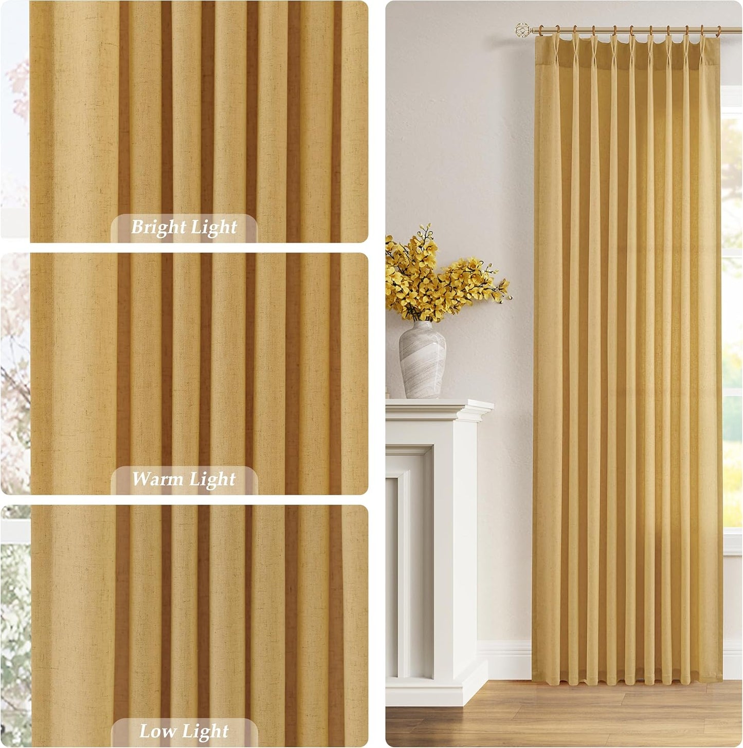 Aersas Gold Yellow Pinch Pleated Linen Curtains 84 Inch Length 2 Panels for Living Room Bedroom Semi Sheer Window Curtain Boho Neutral Back Tab Pinch Pleat Drape with Hooks 40x84