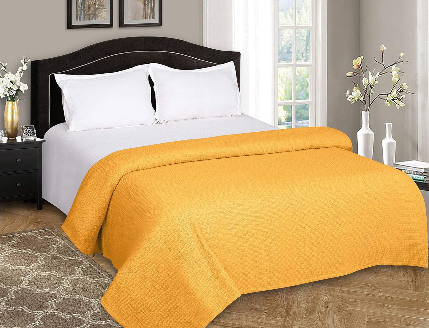 Belizzi Home 100% Cotton Bed Blanket, Breathable Bed Blanket King Size, Cotton Thermal Blankets King, Perfect for Layering Any Bed for All Season, Mustard Yellow