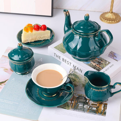 CHENP.HMC Tea Set 22-Piece Porcelain Ceramic Coffee Tea Sets Cups Saucer Service for 6 Teapot Sugar Bowl Creamer Pitcher and Teaspoons Porcelain Tea Set(Dark Green)