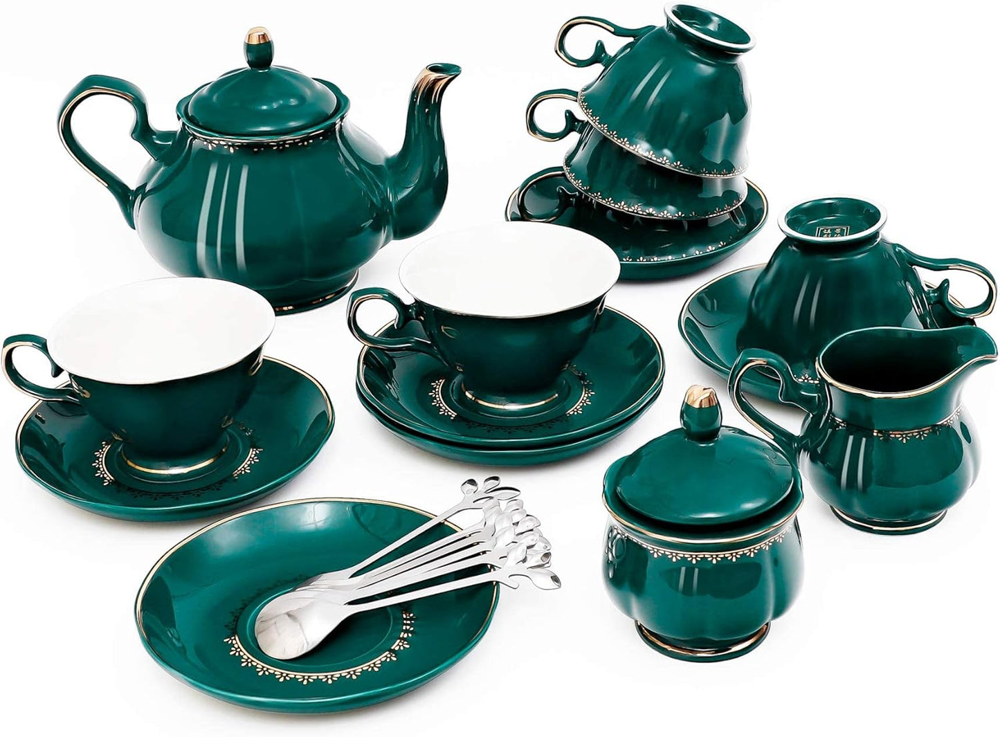CHENP.HMC Tea Set 22-Piece Porcelain Ceramic Coffee Tea Sets Cups Saucer Service for 6 Teapot Sugar Bowl Creamer Pitcher and Teaspoons Porcelain Tea Set(Dark Green)