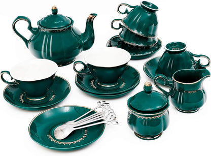 CHENP.HMC Tea Set 22-Piece Porcelain Ceramic Coffee Tea Sets Cups Saucer Service for 6 Teapot Sugar Bowl Creamer Pitcher and Teaspoons Porcelain Tea Set(Dark Green)