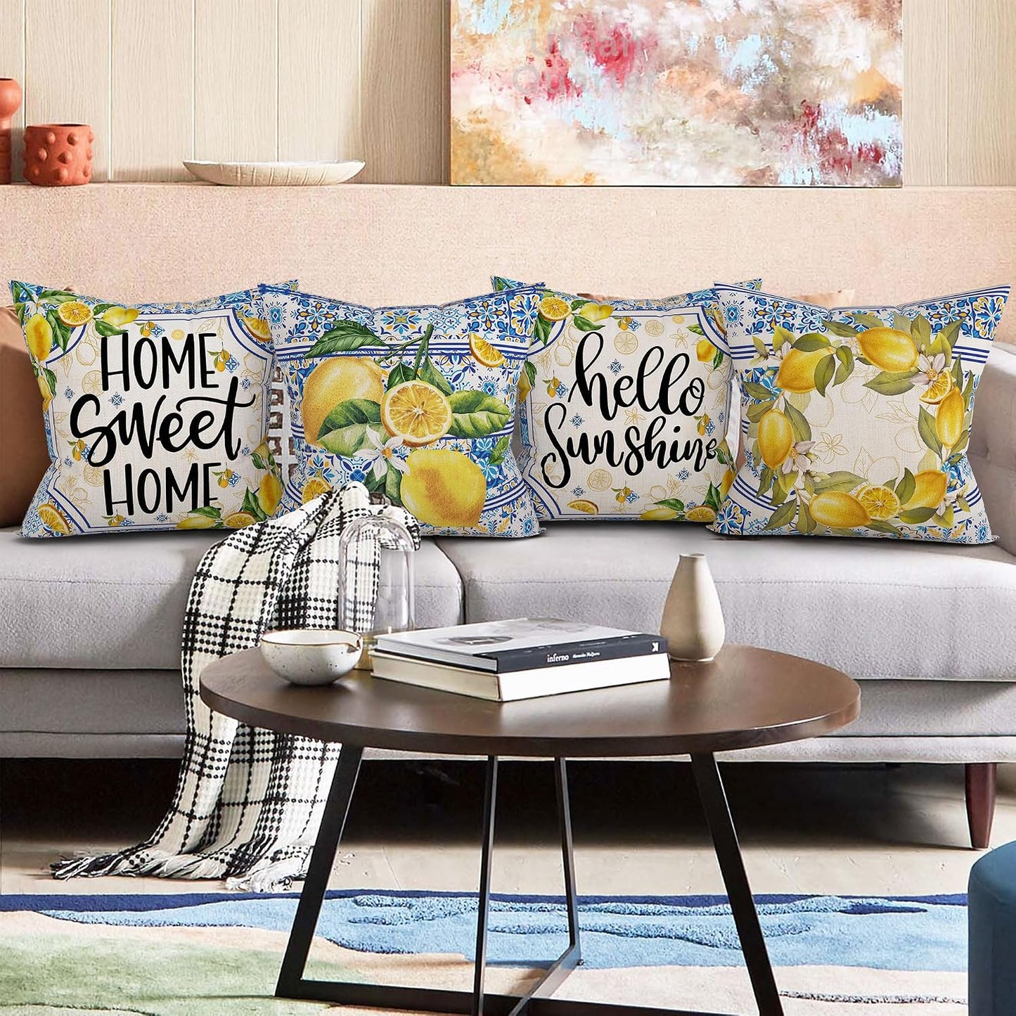 Lemon Pillow Covers 18x18, Home Sweet Home Throw Pillowcase, Yellow and Blue Mediterranean Summer Decor Italian Themed Tile Flower Pattern Square Cushion Covers for Sofa Bed Couch Set of 4