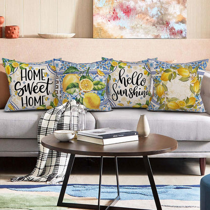 Lemon Pillow Covers 20x20, Home Sweet Home Throw Pillowcase, Yellow and Blue Mediterranean Summer Decor Italian Themed Tile Flower Pattern Square Cushion Covers for Sofa Bed Couch Set of 4
