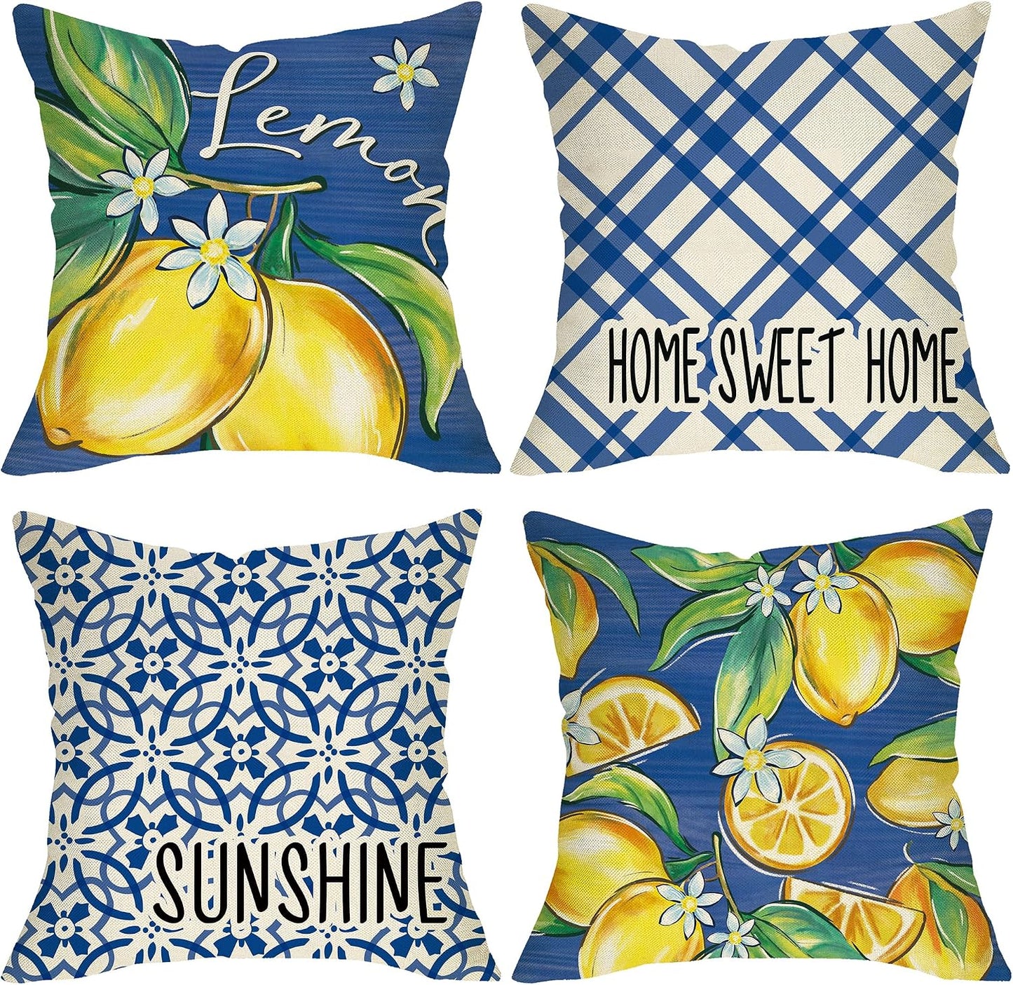 Blue Lemon Decorative Throw Pillow Covers 18 x 18 Set of 4, Amalfi Coast Italy Tile Pattern Plaid Floral Home Sweet Home Outdoor Decor, Summer Mediterranean Sunshine Farmhouse Couch Cushion Case