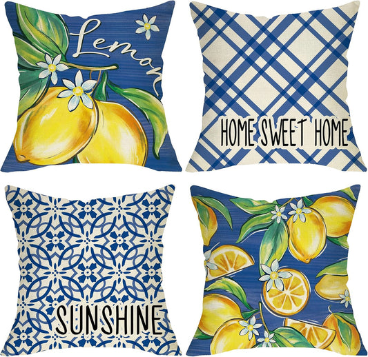 Blue Lemon Decorative Throw Pillow Covers 18 x 18 Set of 4, Amalfi Coast Italy Tile Pattern Plaid Floral Home Sweet Home Outdoor Decor, Summer Mediterranean Sunshine Farmhouse Couch Cushion Case