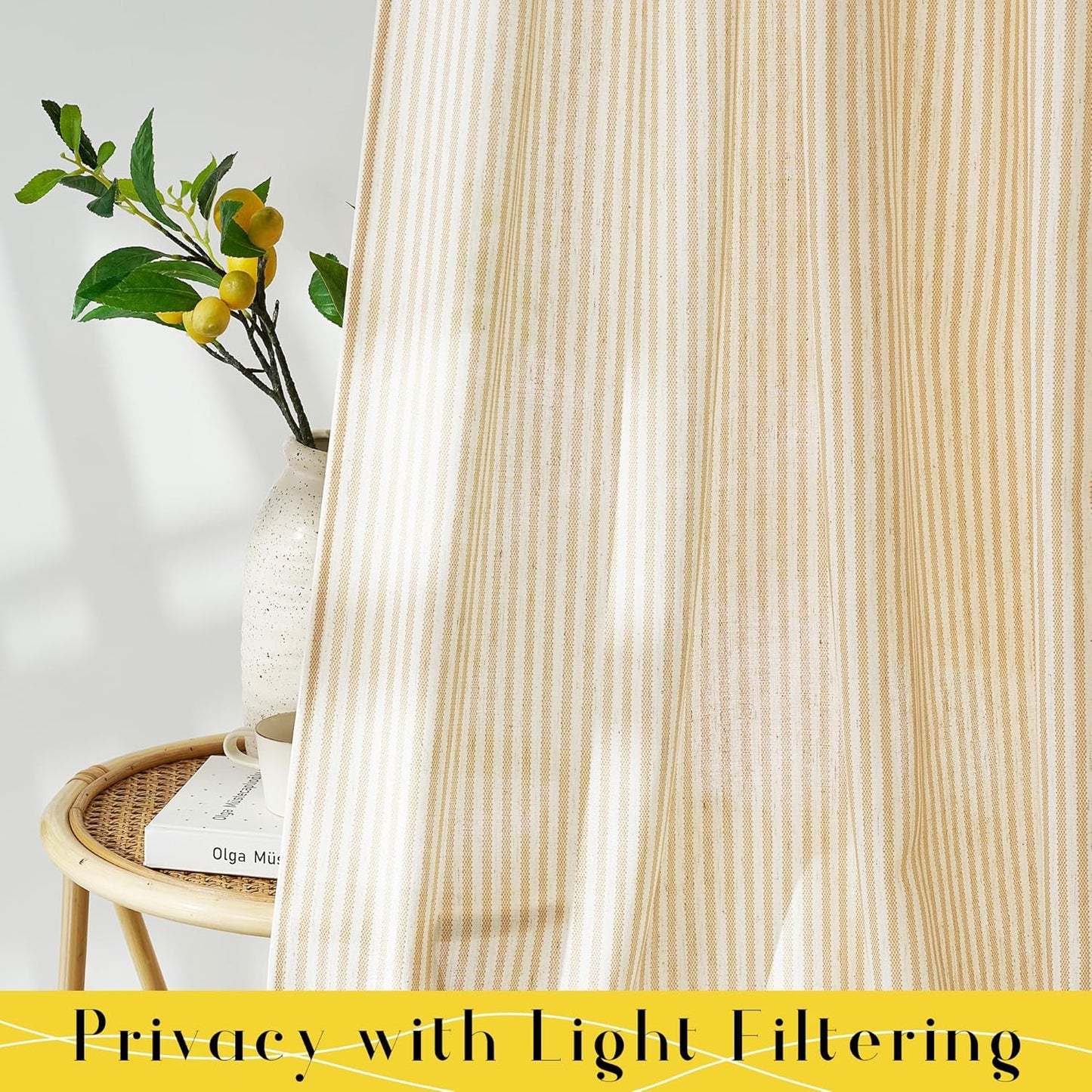 NICETOWN Cream Yellow Window Curtains for Bedroom, Tie Top Striped Print Thick Linen Light Filtering Window Treatments DIY Crafted Privacy for Kids Room, W52 x L84, 2 Panels