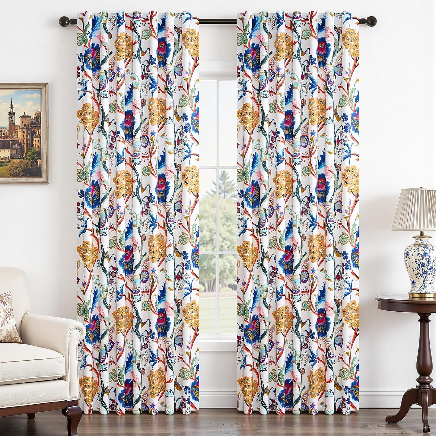 Topfinel Blackout Curtains for Bedroom Butterfly Flower Boho Farmhouse 72 Inch Long Drapes for Dining Room Living Room Royal Blue and Yellow French Country Hooks Rings Window Drapes,2 Panels