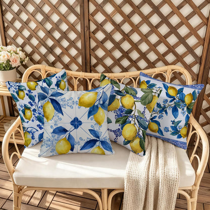 Fukeen Waterproof Lemon Pillow Covers 24x24 Inch Set of 4, Double-Sided Blue and Yellow Mediterranean Citrus Floral Cushion Covers with Italian Tile Pattern for Sofa Couch Patio Outdoor Decor